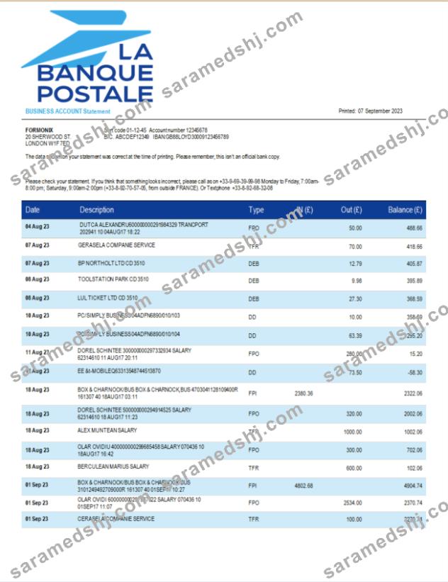 La Banque Postale firm bank statement Word and PDF template